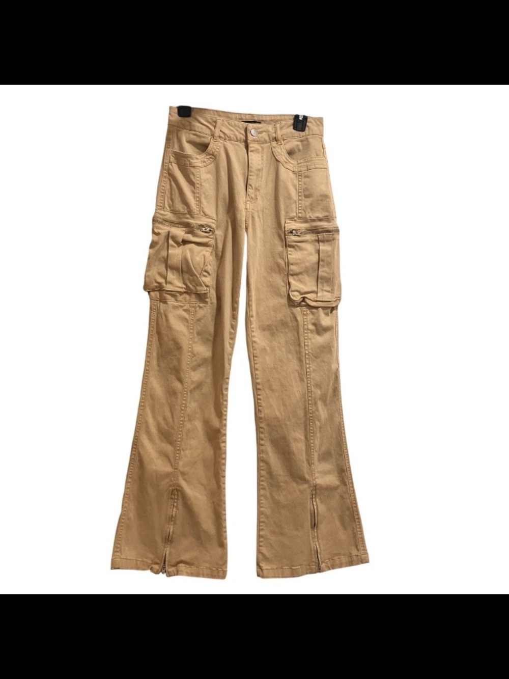 Forever 21 Women Khaki Cargo Pants Y2k Wide Leg Multi Pocket Ankle Zip Cotton